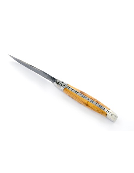 Laguiole pliant, 12 cm, acier Damas, manche cade genévrier, mitres inox brillant