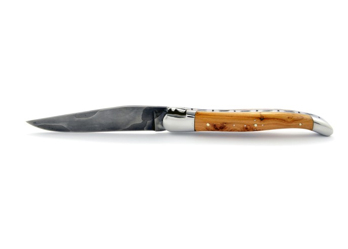 Laguiole pliant, 12 cm, acier Damas, manche cade genévrier, mitres inox brillant