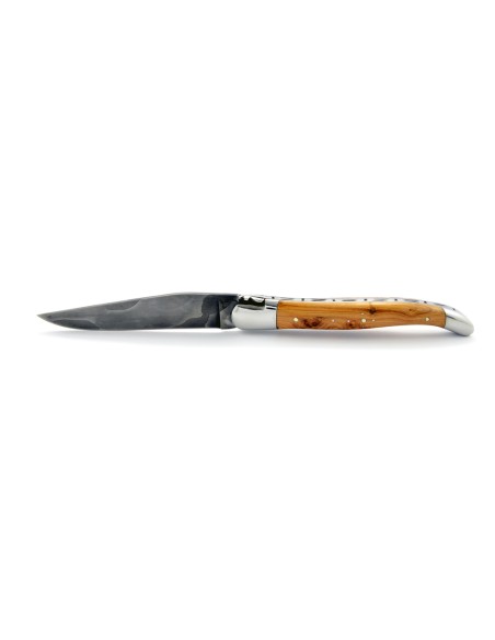 Laguiole pliant, 12 cm, acier Damas, manche cade genévrier, mitres inox brillant