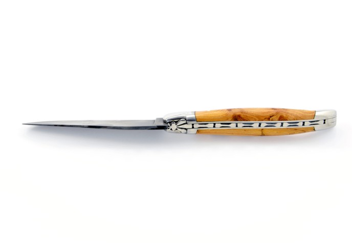Laguiole pliant, 12 cm, acier Damas, manche cade genévrier, mitres inox brillant