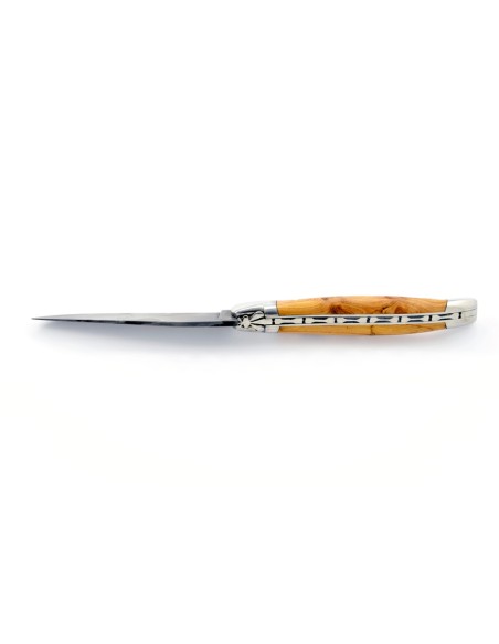 Laguiole pliant, 12 cm, acier Damas, manche cade genévrier, mitres inox brillant