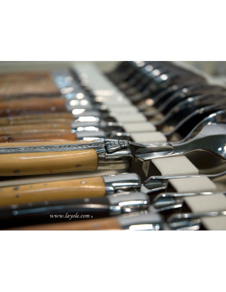 Ménagère prestige, 24 pièces manches en bois divers, avec mitres inox brillant