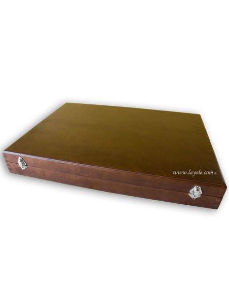 Ménagère prestige, 24 pièces manches en bois divers, avec mitres inox brillant