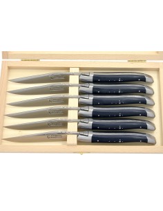 Couteaux de table (couteaux à steak), finition gamme prestige, mitres inox mat, manche pointe de corne (foncée)