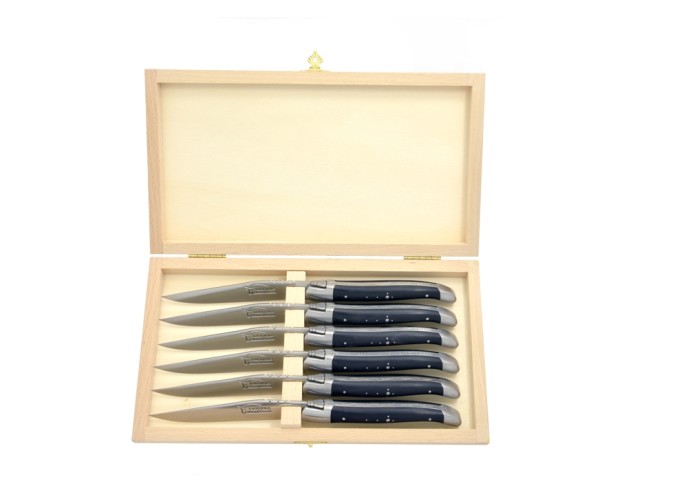 Couteaux de table (couteaux à steak), finition gamme prestige, mitres inox mat, manche pointe de corne (foncée)