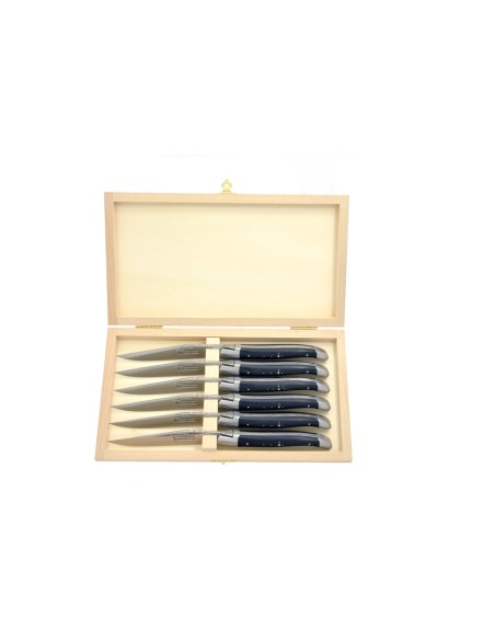 Couteaux de table (couteaux à steak), finition gamme prestige, mitres inox mat, manche pointe de corne (foncée)