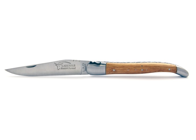 Laguiole pliant, 13 cm, manche en chêne de barrique, abeille forgée, lame seule