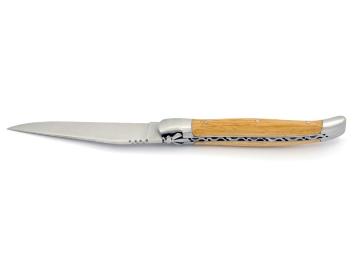 Laguiole pliant, 13 cm, manche en chêne de barrique, abeille forgée, lame seule