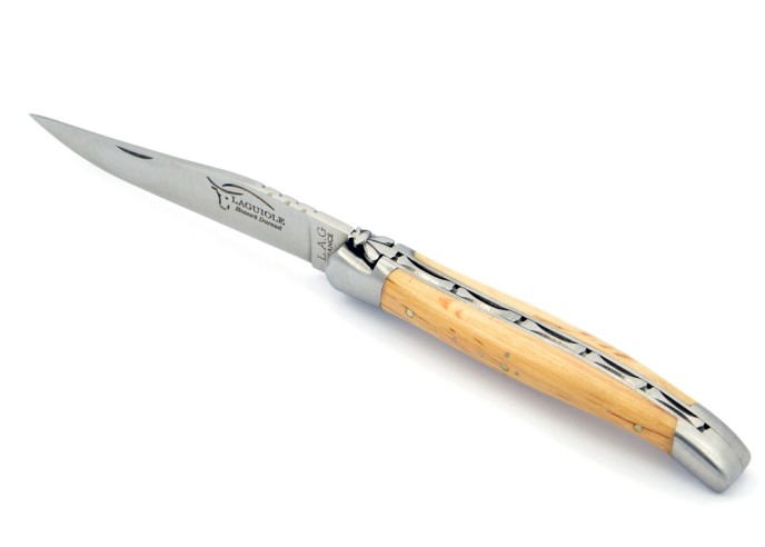 Laguiole pliant, 11 cm, abeille forgée, lame seule, mitres inox mat, manche en chêne vert