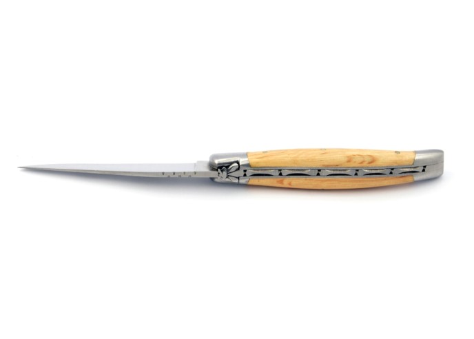 Laguiole pliant, 11 cm, abeille forgée, lame seule, mitres inox mat, manche en chêne vert