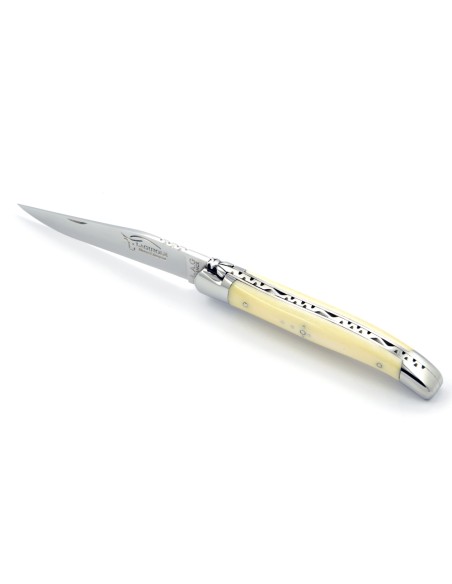 Laguiole pliant, 11 cm, abeille forgée, lame seule, mitres inox brillant, manche en os (bovin)