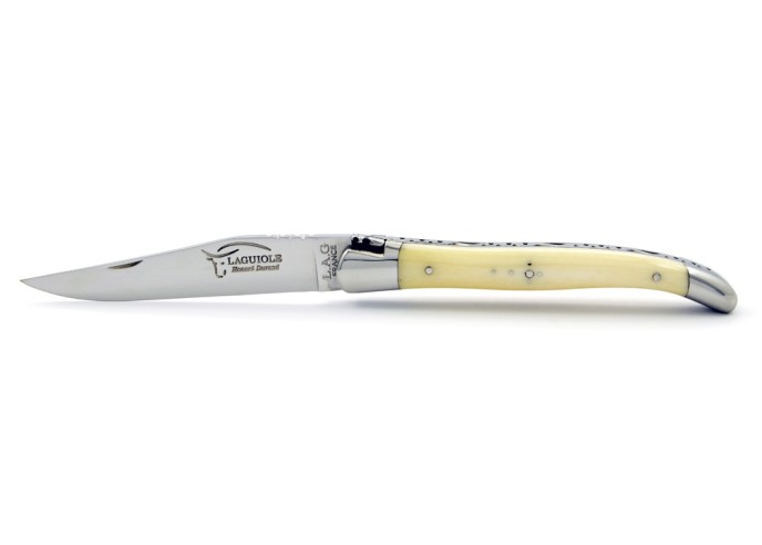 Laguiole pliant, 11 cm, abeille forgée, lame seule, mitres inox brillant, manche en os (bovin)
