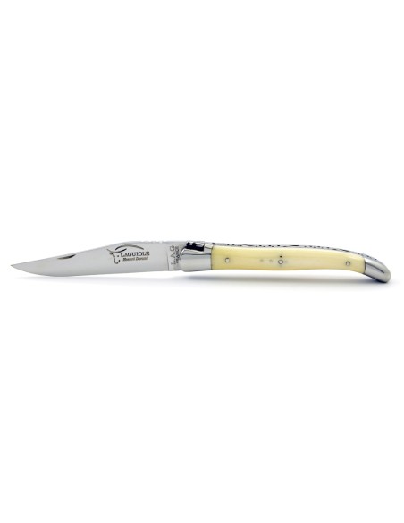 Laguiole pliant, 11 cm, abeille forgée, lame seule, mitres inox brillant, manche en os (bovin)