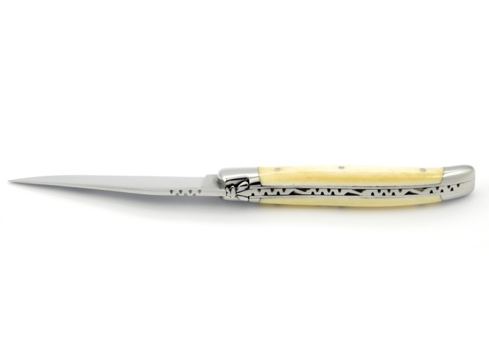 Laguiole pliant, 11 cm, abeille forgée, lame seule, mitres inox brillant, manche en os (bovin)