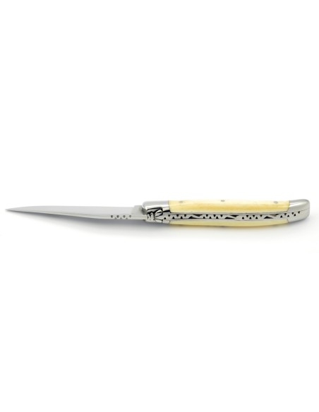 Laguiole pliant, 11 cm, abeille forgée, lame seule, mitres inox brillant, manche en os (bovin)