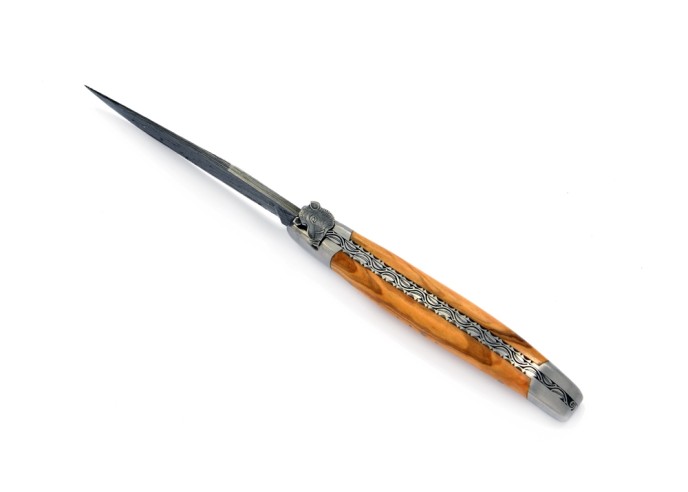 Laguiole pliant, 12 cm, lame seule acier Damas "Sauvage", abeille tête de sanglier, manche olivier