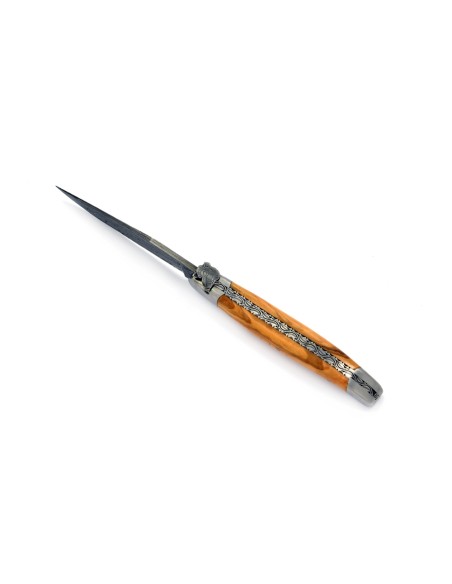 Laguiole pliant, 12 cm, lame seule acier Damas "Sauvage", abeille tête de sanglier, manche olivier