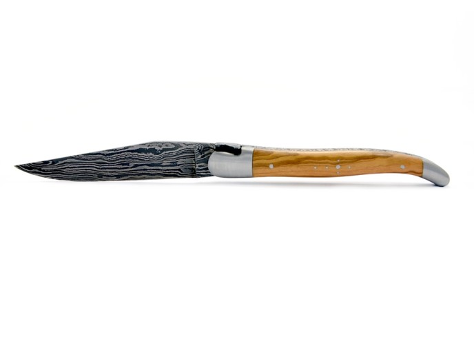 Laguiole pliant, 12 cm, lame seule acier Damas "Sauvage", abeille tête de sanglier, manche olivier