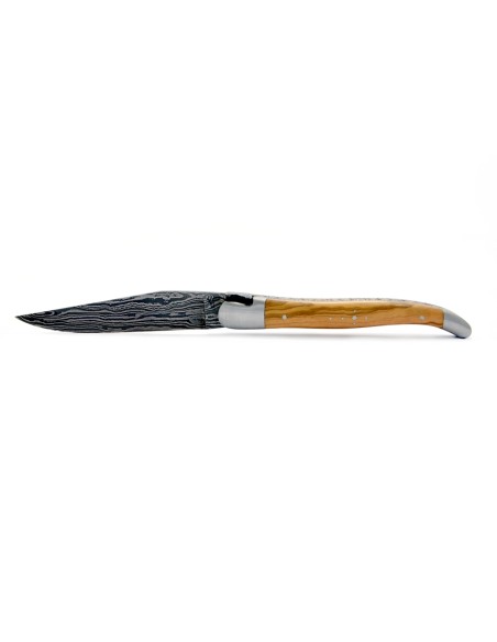 Laguiole pliant, 12 cm, lame seule acier Damas "Sauvage", abeille tête de sanglier, manche olivier