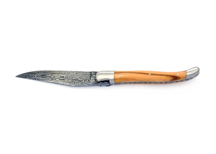 Laguiole pliant, 12 cm, lame seule acier Damas "Sauvage", abeille tête de sanglier, manche olivier
