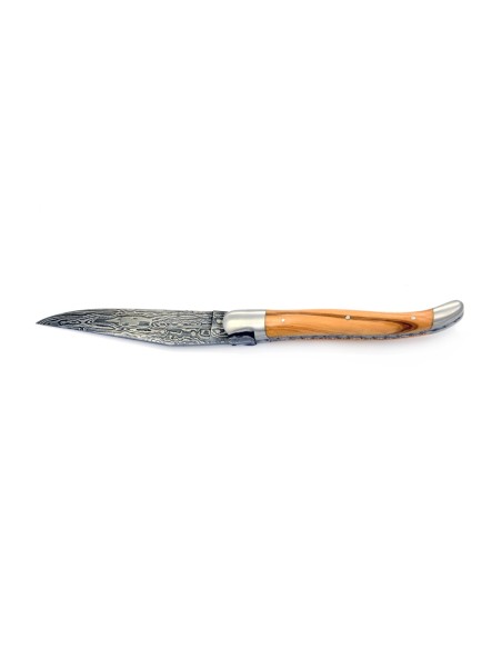 Laguiole pliant, 12 cm, lame seule acier Damas "Sauvage", abeille tête de sanglier, manche olivier