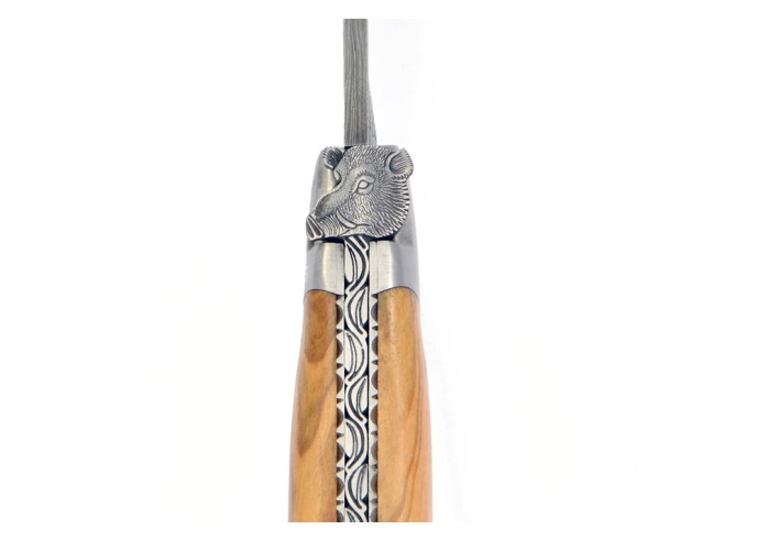 Laguiole pliant, 12 cm, lame seule acier Damas "Sauvage", abeille tête de sanglier, manche olivier