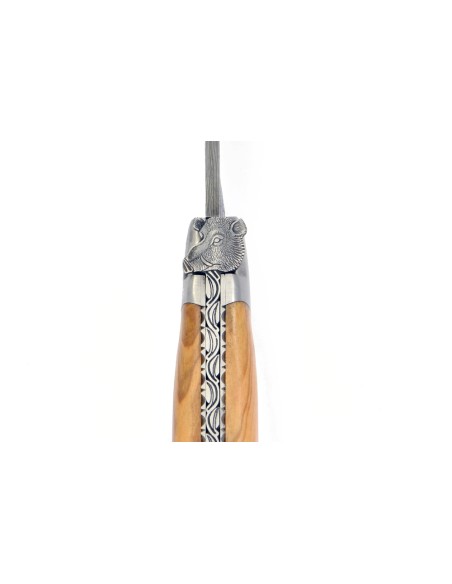 Laguiole pliant, 12 cm, lame seule acier Damas "Sauvage", abeille tête de sanglier, manche olivier