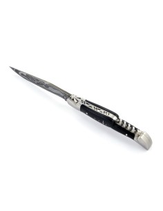 Laguiole pliant, 12 cm, acier Damas, lame & tire-bouchon, mitres inox mat, manche bois d'ébène