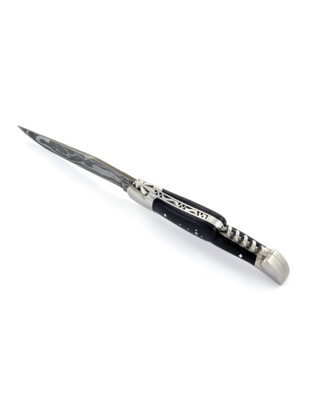Laguiole pliant, 12 cm, acier Damas, lame & tire-bouchon, mitres inox mat, manche bois d'ébène
