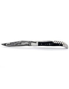 Laguiole pliant, 12 cm, acier Damas, lame & tire-bouchon, mitres inox mat, manche bois d'ébène 2