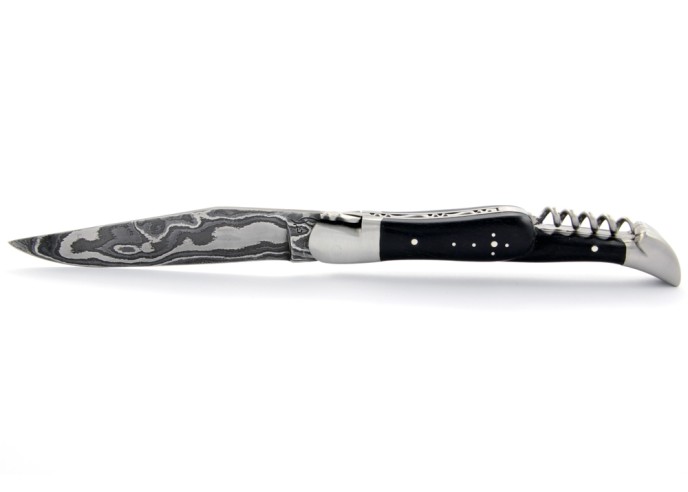 Laguiole pliant, 12 cm, acier Damas, lame & tire-bouchon, mitres inox mat, manche bois d'ébène