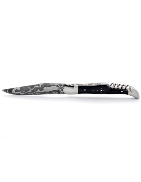 Laguiole pliant, 12 cm, acier Damas, lame & tire-bouchon, mitres inox mat, manche bois d'ébène