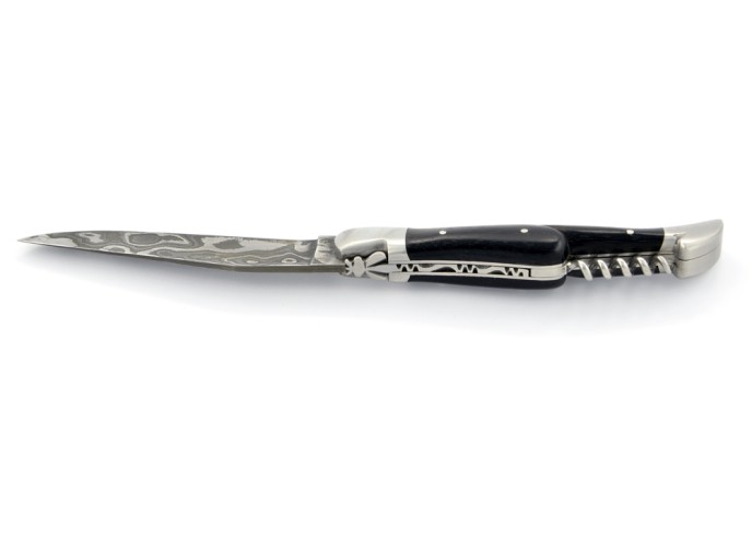 Laguiole pliant, 12 cm, acier Damas, lame & tire-bouchon, mitres inox mat, manche bois d'ébène