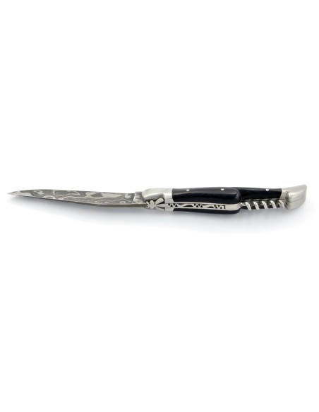 Laguiole pliant, 12 cm, acier Damas, lame & tire-bouchon, mitres inox mat, manche bois d'ébène