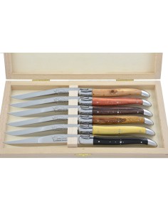 Laguiole Steakmesser, Heftbacken aus glänzendem Edelstahl, breiterer Griff aus verschiedene Holzarten