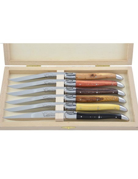 Couteaux de table (couteaux à steak), finition gamme prestige, mitres inox brillant, manche bois divers