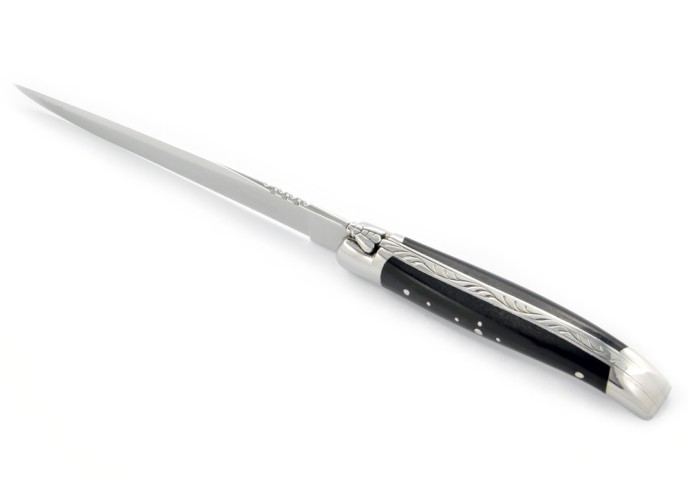 Ouvre-lettres et coupe-papier, finition prestige, mitres inox brillant, manche bois d'ébène