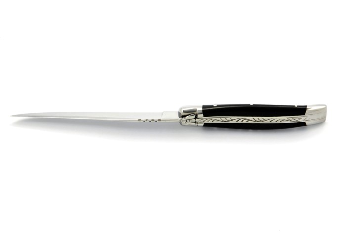 Ouvre-lettres et coupe-papier, finition prestige, mitres inox brillant, manche bois d'ébène