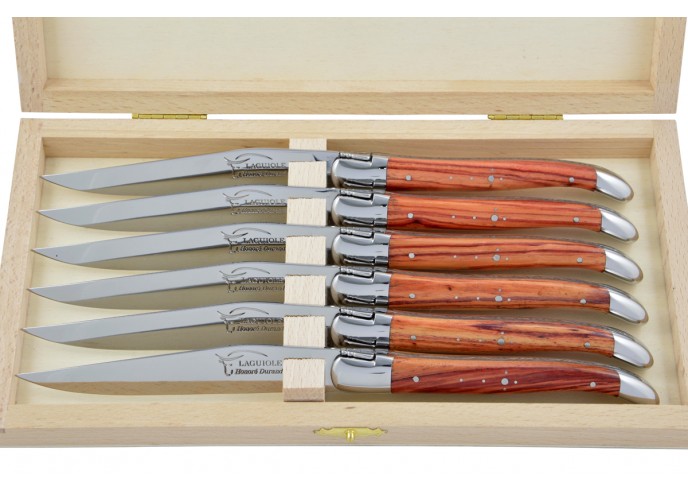 Couteaux de table (couteaux à steak), finition gamme courante, mitres inox brillant, manche bois de rose
