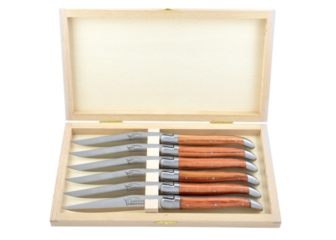 Couteaux de table (couteaux à steak), finition gamme prestige, mitres inox mat, manche bois de rose