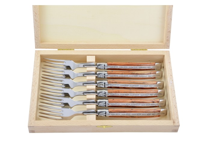 Fourchettes de table, mitres inox brillant, gamme courante, manche bois de rose