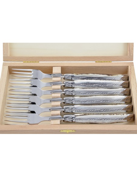 Fourchettes de table, mitres inox brillant, gamme prestige, manche bois de cerf
