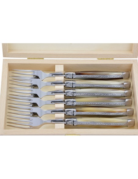 Fourchettes de table, mitres inox brillant, gamme prestige, manche pointe de corne (claire)