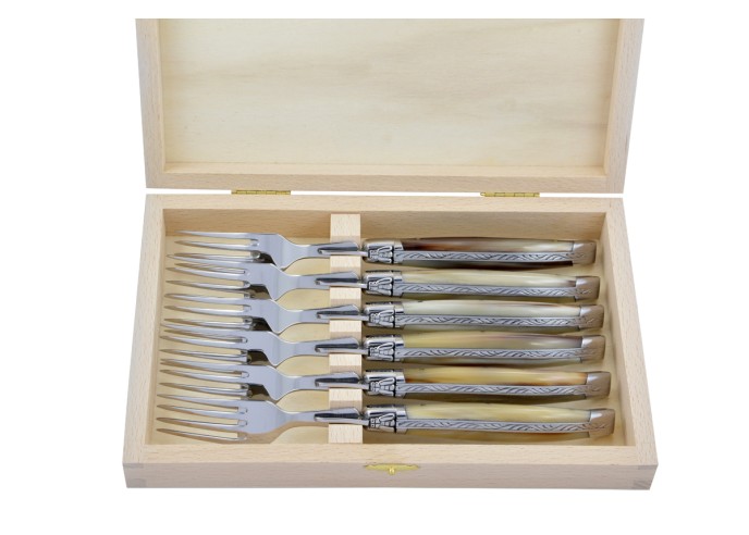 Fourchettes de table, mitres inox brillant, gamme prestige, manche pointe de corne (claire)