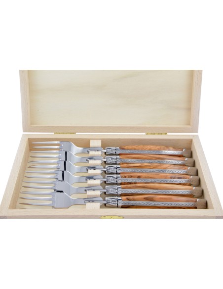 Fourchettes de table, mitres inox brillant, gamme prestige, manche bois d'olivier