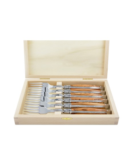 Fourchettes de table, mitres inox brillant, gamme prestige, manche bois d'olivier