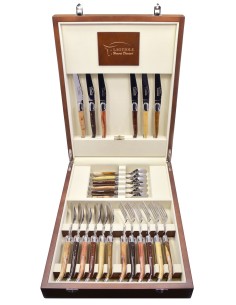 Ménagère prestige, 24 pièces manches en bois divers, avec mitres inox brillant