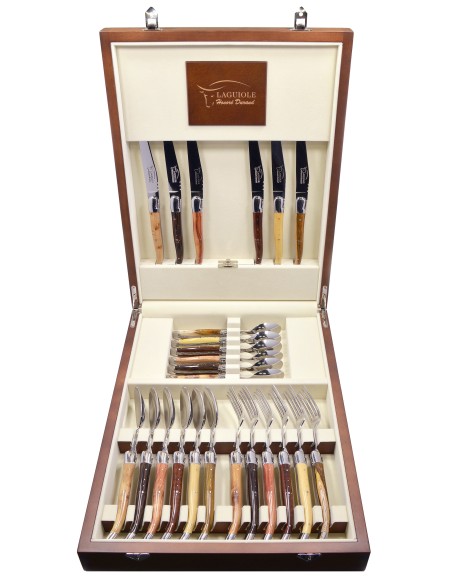 Ménagère prestige, 24 pièces manches en bois divers, avec mitres inox brillant