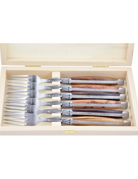 Coffret de fourchettes de table Laguiole, finition inox brossé, manche galbé en bois divers