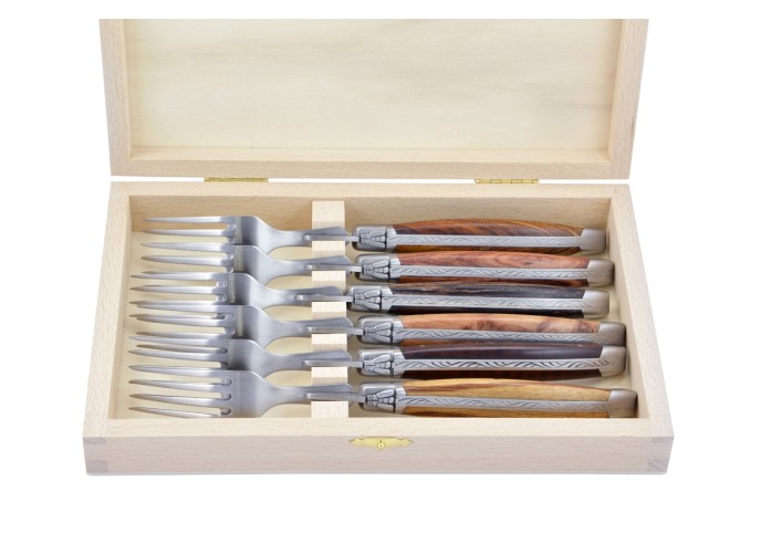 Coffret de fourchettes de table Laguiole, finition inox brossé, manche galbé en bois divers